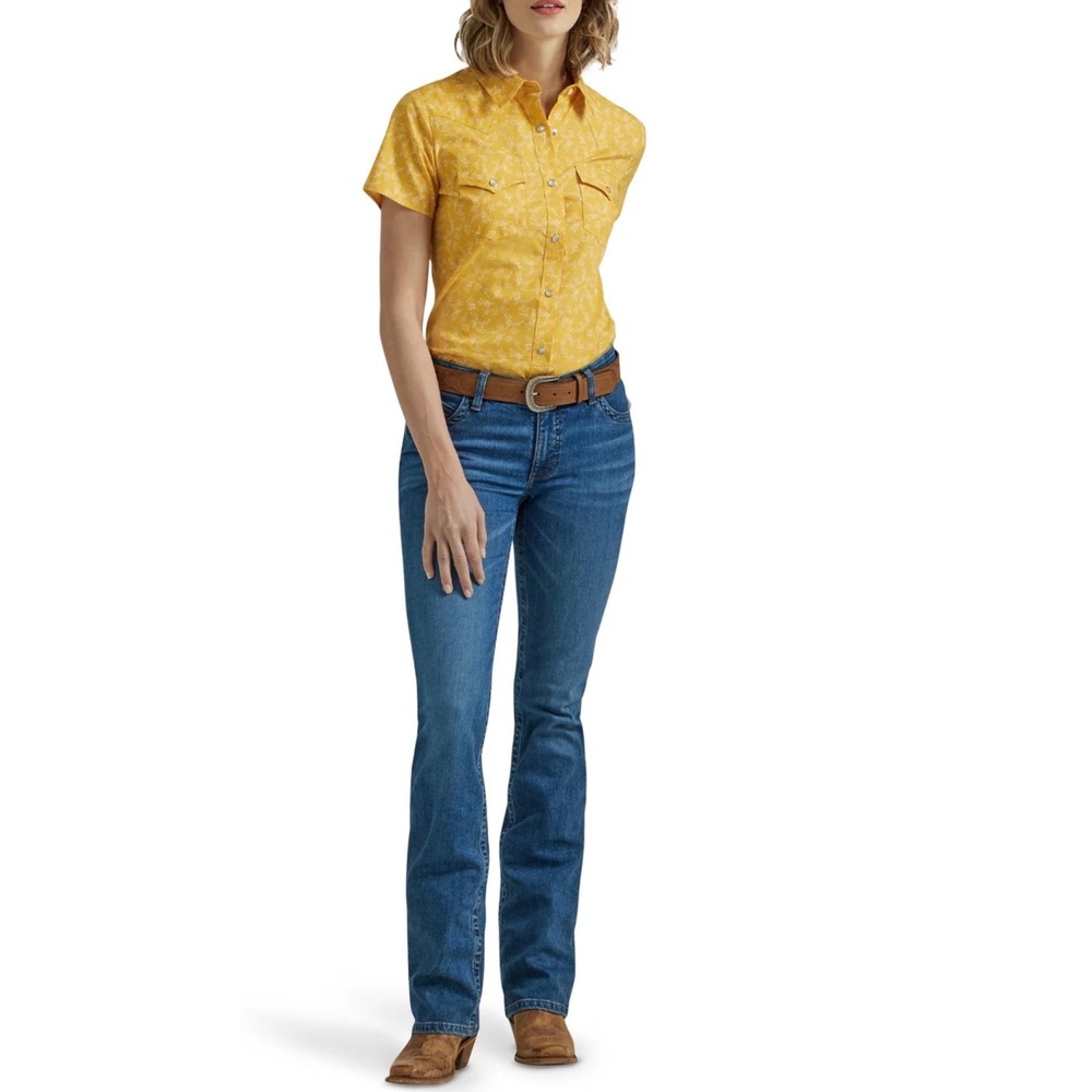 Wrangler Women 3XL Yellow Floral Cotton Short Sleeve Pearl Snap Western Shirt
